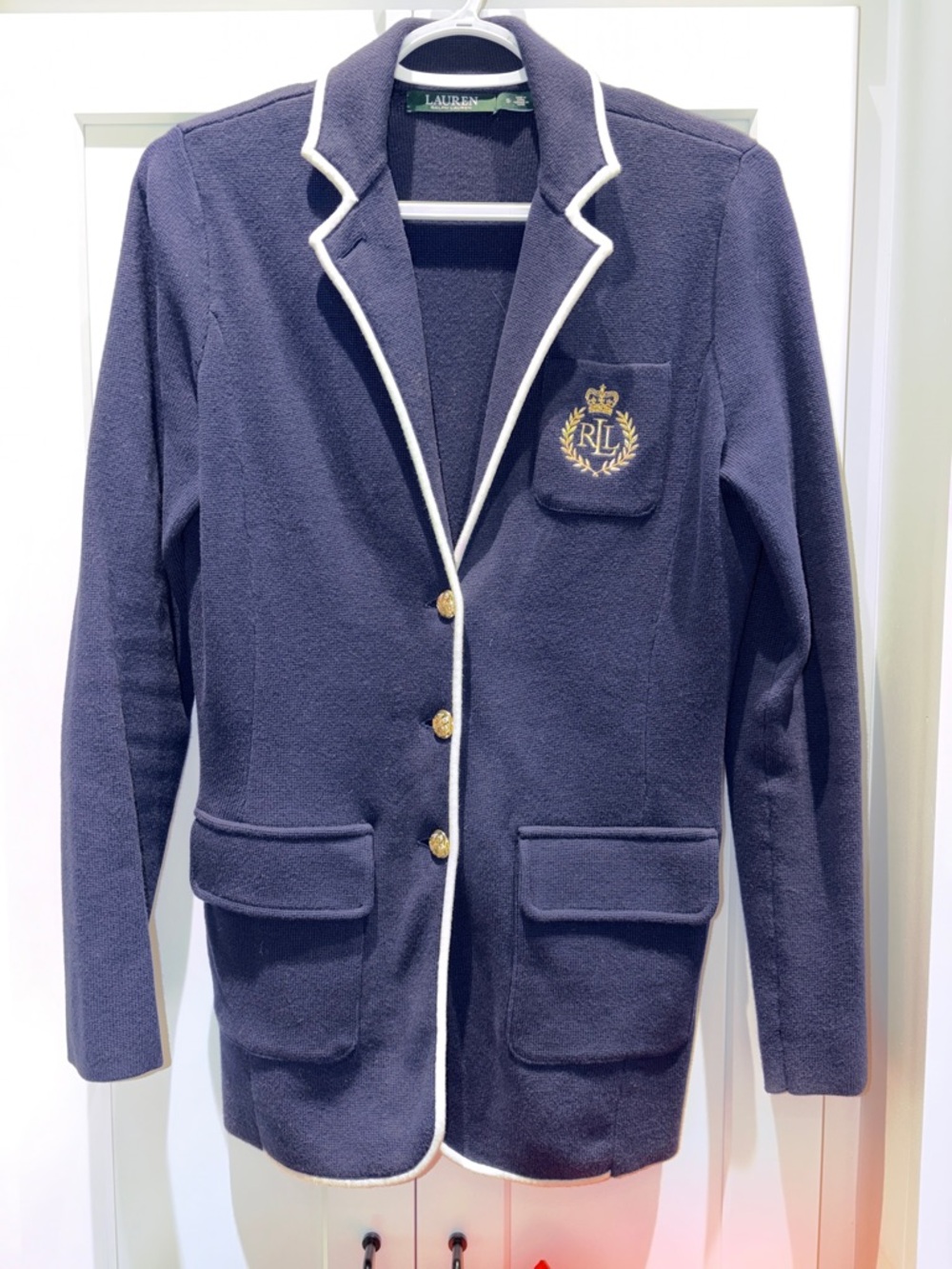 Ralph Lauren Navy Blazer with White Trim and Gold Crest Size Small